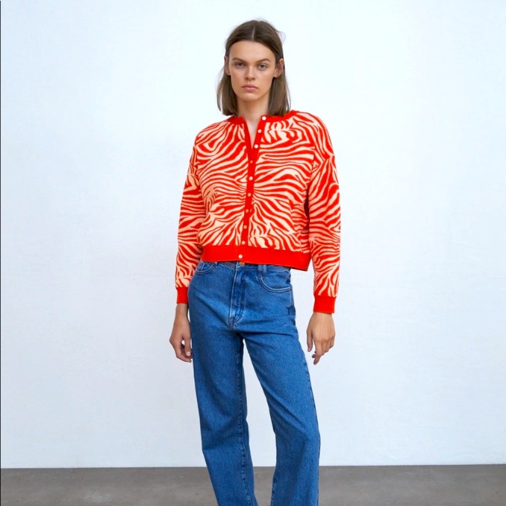 Zara Orange and Cream Zebra print cardigan sweater